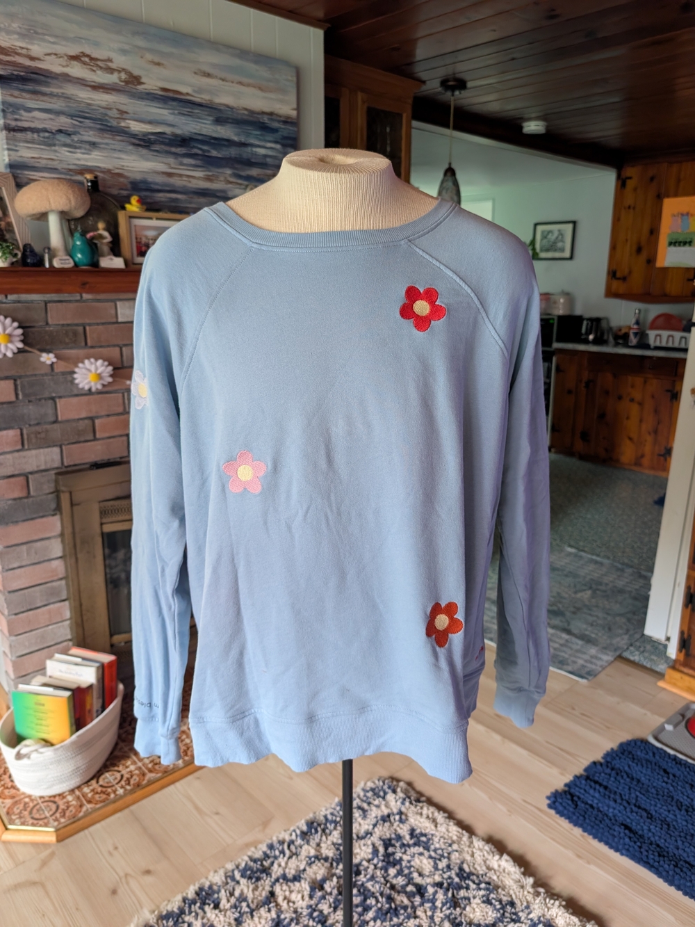 Peace Love World Light Blue Floral Appliqué Pullover